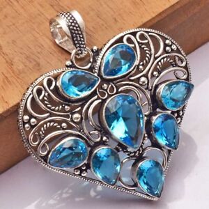 Blue Topaz Ethnic Handmade Heart Pendant Jewelry 2.2"AP 66701