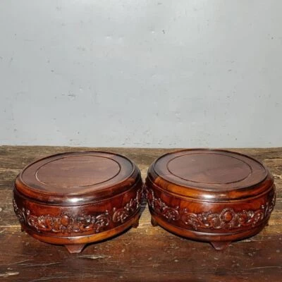 8" 2 peças base de vaso de flores oca dragão madeira huali antiga dinastia da China madeira 2 - Imagem 1 de 4