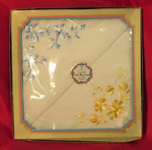 Vintage Set Of 2 Floral Ladies Hankies Yellow & Blue NEW IN BOX - Picture 1 of 4