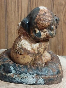 Vintage 1914 Cast Iron Pup Dog ON A PILLOW BANK - Picture 1 of 6