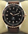 Fossil Men Black Dial with Date Leather Band Quartz Rotating Bezel Wristwatch