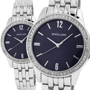 Excellanc Damenuhr Blau Silber Analog Metall Strass Crystals Quarz