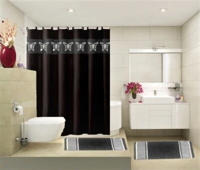COMPLETE BATHROOM SET 2 BATH MATS 1 SHOWER CURTAIN &FABRIC HOOKS PRINTED DESIGNS - Image 1 of 2