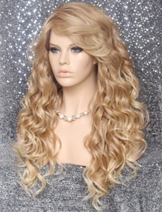 Human Hair Blend Wig 25" Long Beachy Wavy Blonde Mix Bangs 27-613 Heat OK RKY - Picture 1 of 7