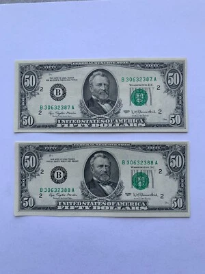 1977 two consecutive $50 Used U.S. Currency Serial #'s B30632387A & B30632388A - Image 1 of 4