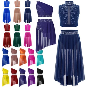 Kids Girls Rhinestones Ballet Lyrical Dance Costumes Crop Top with Skirted Dress - Picture 1 of 132