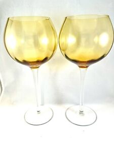 Vintage Hand Blown Balloon Wine Glasses Goblets Gold Amber Iridescent optic 24oz