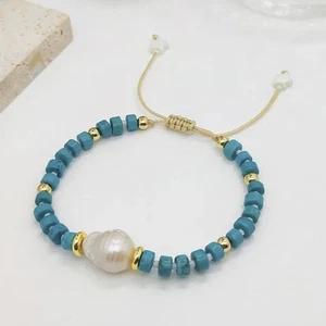 Weiße Barock Perle & Türkis Edelstein Perlen verstellbar Kokette Armband NEU - Bild 1 von 3