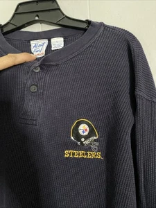 Vintage Pittsburgh Steelers Thermal Shirt 80s Faded Embroidered Henley L 23x27 - Picture 1 of 7