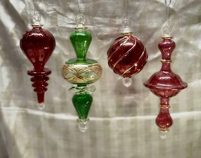 4 Egyptian Museum Hand Blown Glass Christmas Ornaments Gold Accents with Boxes - Image 1 of 4