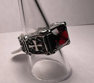 Men's Cross Ring Christian Catholic Silver STEEL Red Black Onyx Simulated Gothic - Image 1 of 4