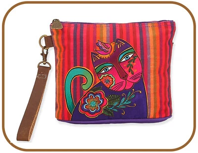 Laurel Burch #8292 "Elena" Cat Wristlet 9"x2"x6.5" Canvas~Outside Zip Pocket - Image 1 of 2