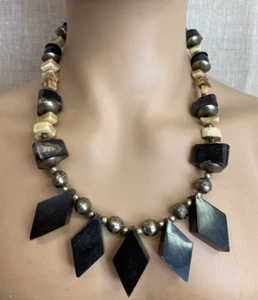 Vintage 22" Geometric Boho Faux Wood & Bone Bead Statement Necklace - Picture 1 of 11