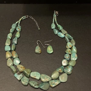 Sterling Silver Double Strand Turquoise Necklace & Earrings (EB197) - Picture 1 of 5