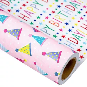 Reversible Birthday Wrapping Paper Jumbo Roll for Girls - 30 Inches x 100 Fee... - Picture 1 of 6