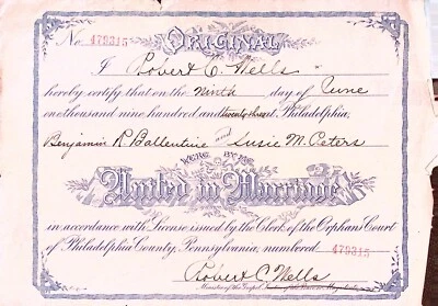 Philadelphia Marriage Certificate 1923 Vintage Collectible Ballentine Peters - Image 1 of 3