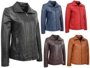 Ladies Real Leather Jacket Casual Zip Up ASST Colours Black Blue Brown Red Tan - Picture 1 of 46