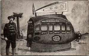 GEORGE SCHILLING - PEDESTRIAN - WORLD WALKER & HIS AIRSHIP - OLD POSTCARD - Picture 1 of 2