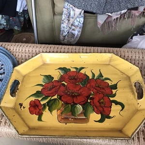 Vintage Toile bemaltes Tablett gelb rot Blumen Blumengriffe abgenutzt - Bild 1 von 7