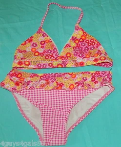 Girls Swim Suit TWO PIECE Bikini PINK ORANGE FLOWERS CHECKS L 10-12 Ruffled - Picture 1 of 2
