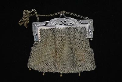 Collectible Antique Egyptian Revival Scarb & Lotus Silver-plated Chainmail Purse - Image 1 of 4