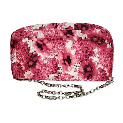 Pink Floral Fabric Purse Clutch Bag Red Black Silver Tone Chain WHBM - Image 1 of 4