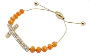 Orange Faceted Beads On Gold Tone Pull Chain With Rhinestones Cross Bracelet - Picture 1 of 5