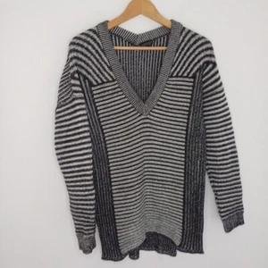 Topshop Size 6 8 Oversized V Neck Autumn Chunky Knit Grey Black White Jumper - Picture 1 of 5