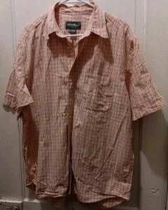 Eddie Bauer Button Up Shirt Men Sz Large Orange Coral Plaid Short Sleeve Cotton - Picture 1 of 11