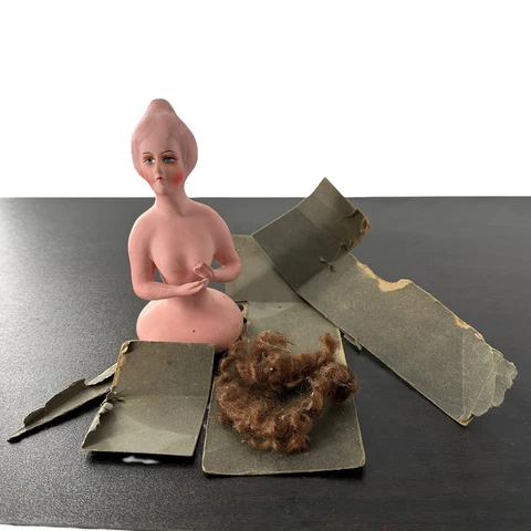 Antique German Chalk Ware Half Doll Pin Cushion Topper with TLC Hair & Box Cover