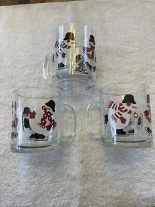 Crate & Barrel Skating Snowmen Luminarc Coffee Glass Cups Mug ~ Set Of 3 ~ Red. - Picture 1 of 6