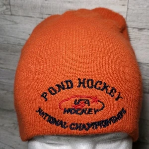 Vintage Eagle River WI Pond USA Hockey Knit Hat Cap Orange Labatt Blue - Picture 1 of 6
