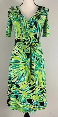 Lilly Pulitzer Adalie Ruffle Wrap Dress Green Black Tropical Print Size XS - Image 1 of 4