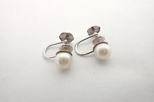 Vintage 14K White Gold & Natural Pearl Screw Back Earrings 1950's - Picture 1 of 6