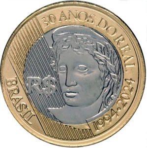 Brazil coin 1 Real R$ 2024 UNC 30 years plan Central Bank commemorative bimetal - Picture 1 of 4