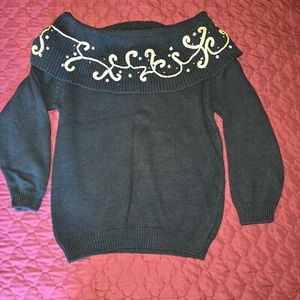 VINTAGE Cowlneck Black Sweater Gold Details Sparkles Women - Picture 1 of 7