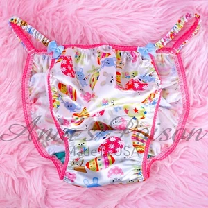 Sissy Satin Panties for MEN - White Easter Bunny Eggs shiny string Bikini - Picture 1 of 5