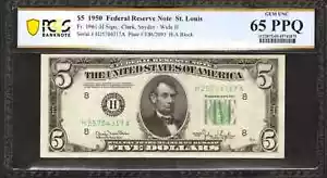 1950 $5 FEDERAL RESERVE NOTE ST LOUIS FR.1961-H WIDE II PCGS UNC 65 PPQ (317A) - Picture 1 of 2