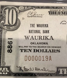 1929 $10 National WAURKIA, OK Type 1 PMG AU 58epq Oklahoma 949277-2 - Picture 1 of 3