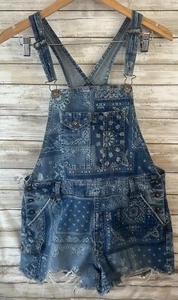 NO BOUNDARIES Sz L 11 13 Denim Cutoff Overall Shortalls Paisley Boho J53 - Picture 1 of 4