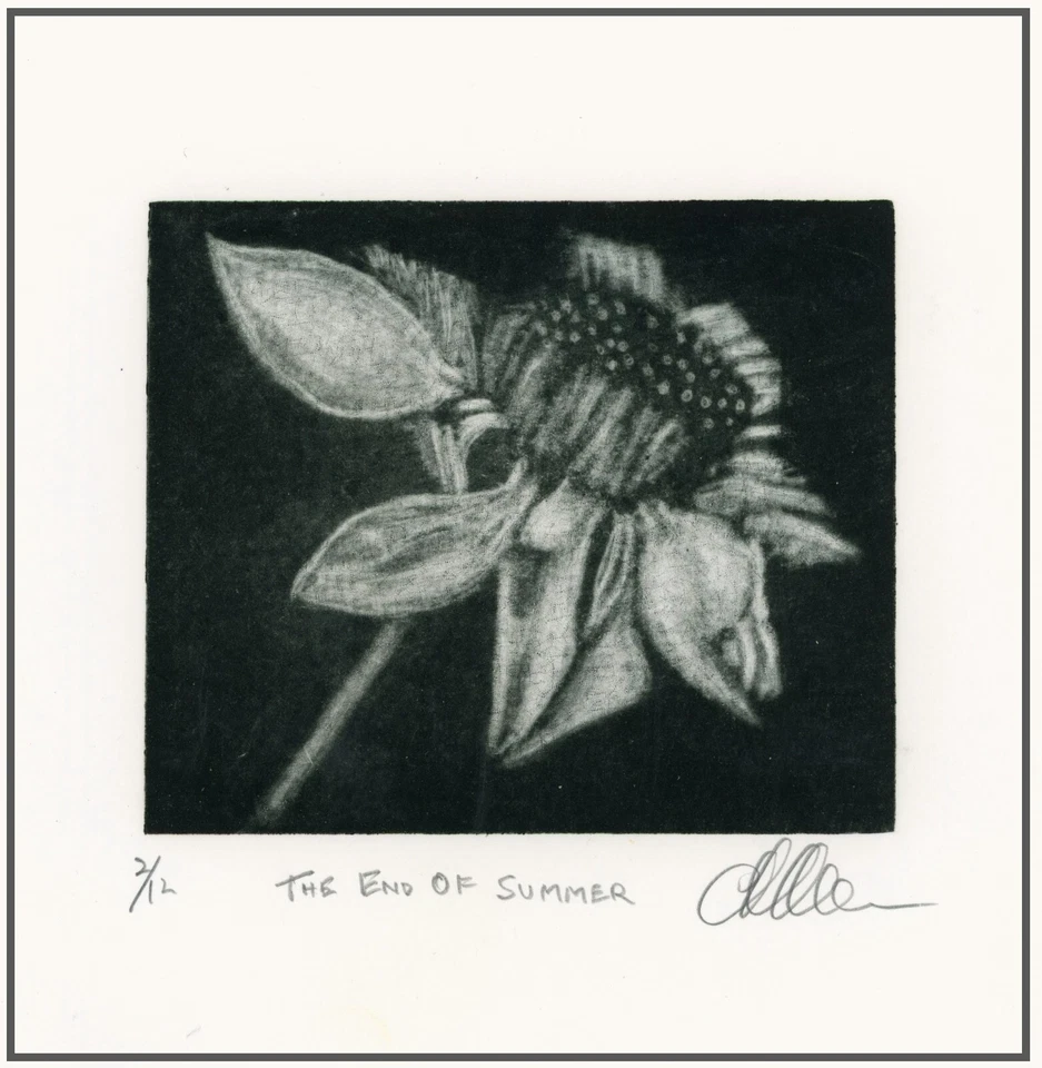 Girassol pungente de fim de verão. MEZZOTINTA FLORAL IMPRESSIONISTA ORIGINAL assinado - Imagem 1 de 1