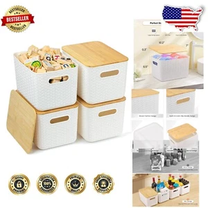 4 Pack Stackable Storage Baskets with Bamboo Lids - Stylish Organizers for Home - Picture 1 of 9