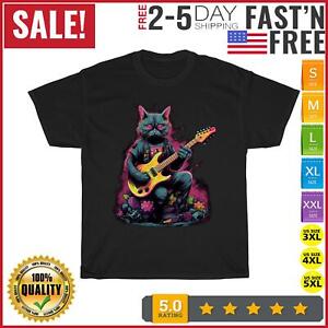 Cat Playing Guitar Vintage T Shirt Men Fashion 2023 Women T Shirt Short Sleeve