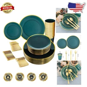 Emerald Green 180-Pc Disposable Dinnerware Set for 30 Guests - Sturdy & Elegant - Picture 1 of 9