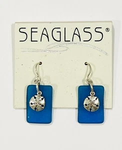 Sea Glass Inspired Royal Blue & Sterling Silver Sand Dollar Earrings - Brand New - Picture 1 of 3