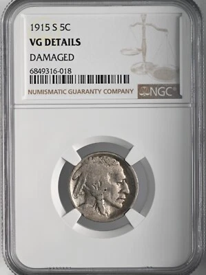 1915-S  5C BUFFALO NICKEL  NGC VG DETAILS "DAMAGE" #6849316-018 FRESHLY GRADED! - Image 1 of 4