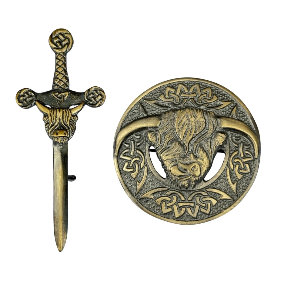 Men's Scottish Antique Cow Kilt Pin and Brooch Foto 1 de 1