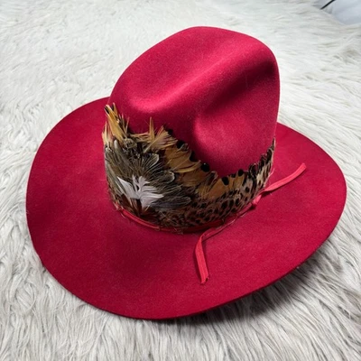 Vintage American Hat Co 7 1/8 Red Wool Maxi Felt Feather Band Cowboy Hat Western - Image 1 of 4