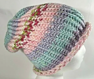 Gorro tejido a mano multicolor rosa lavanda azul adolescente adulto 100 % acrílico - Imagen 1 de 4