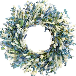 24 Inch Summer Spring Blue Ivory Lavender Flower Wreath for Front Door, Rustic a - Picture 1 of 6